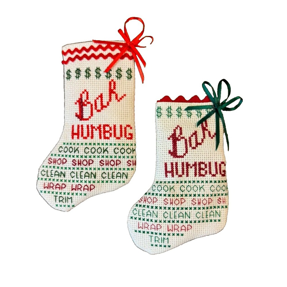 VTG Christmas Mini Needlepoint Stockings Lot Bah Humbug Retro Country Scrooge